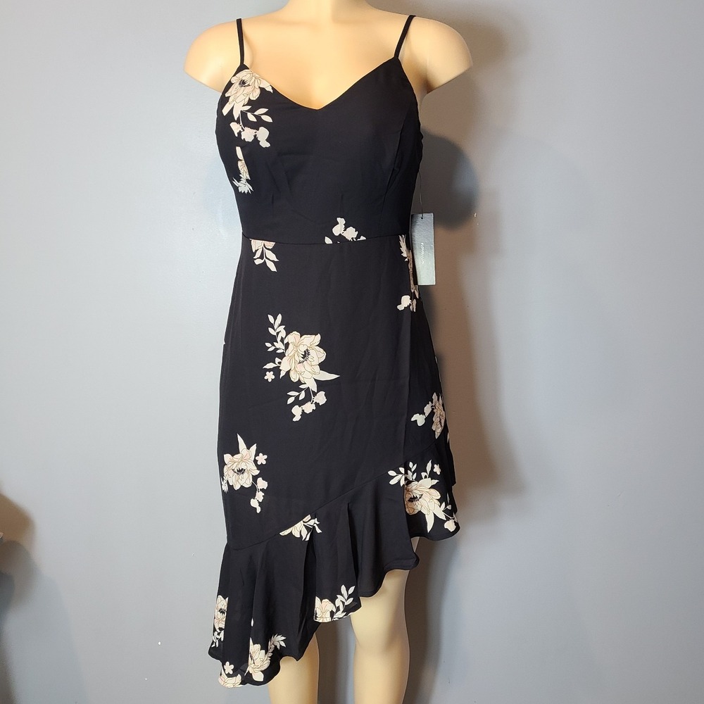 LULUS Black Floral Asymmetrical Hem Dress Size XS Party Brunch Wedding Guest